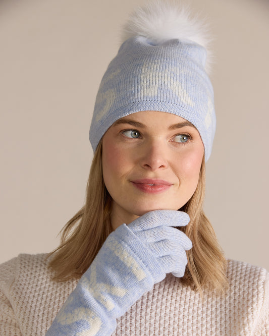 Merino Ski Snowfall Fox Pom Pom Hat Blue Mist - Alashan