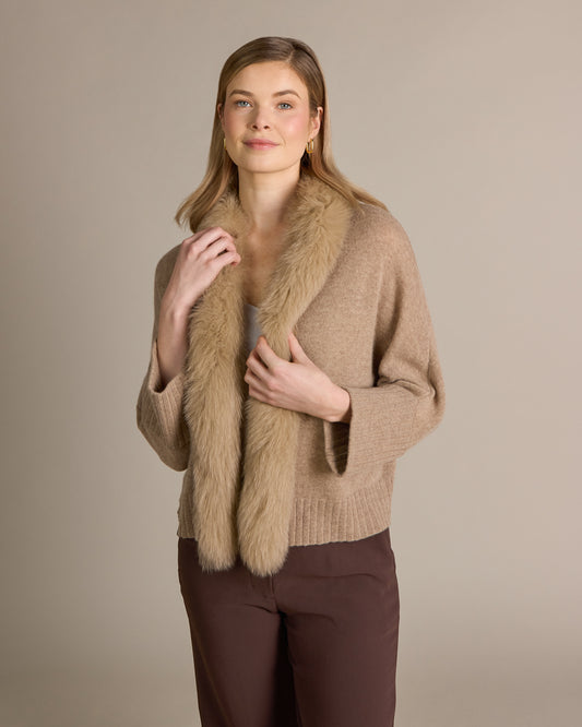 Cashmere Abigail Fox Trim Shrug Natural - Alashan