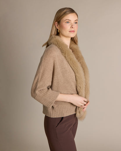 Cashmere Abigail Fox Trim Shrug Natural - Alashan