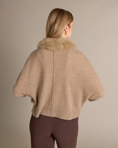 Cashmere Abigail Fox Trim Shrug Natural - Alashan