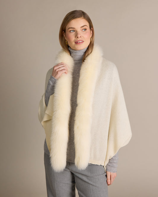 Cashmere Meryl Fox Trim Wrap Snow - Alashan