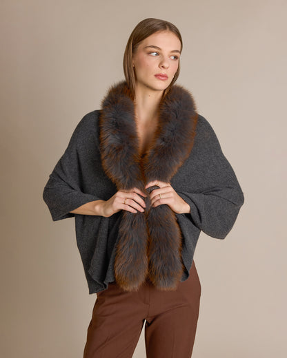 Cashmere Meryl Fox Trim Wrap Charocal/Negroni - Alashan