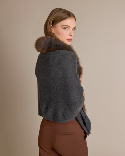 Cashmere Meryl Fox Trim Wrap Charocal/Negroni - Alashan