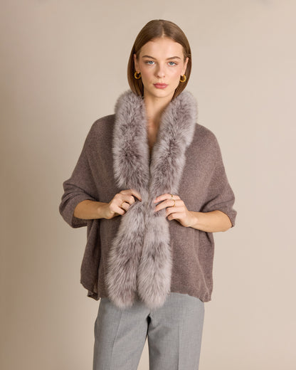 Cashmere Meryl Fox Trim Wrap Portobello - Alashan