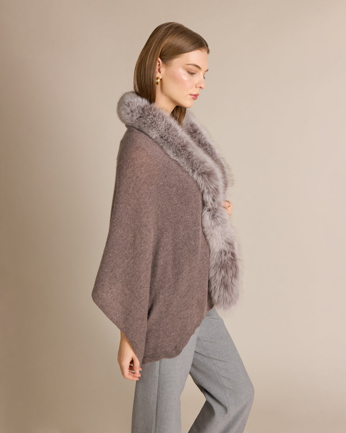 Cashmere Meryl Fox Trim Wrap Portobello - Alashan