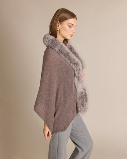 Cashmere Meryl Fox Trim Wrap Portobello - Alashan