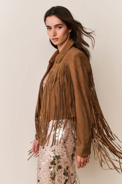 Maelis Suede Fringe Jacket Tan - LoveShackFancy
