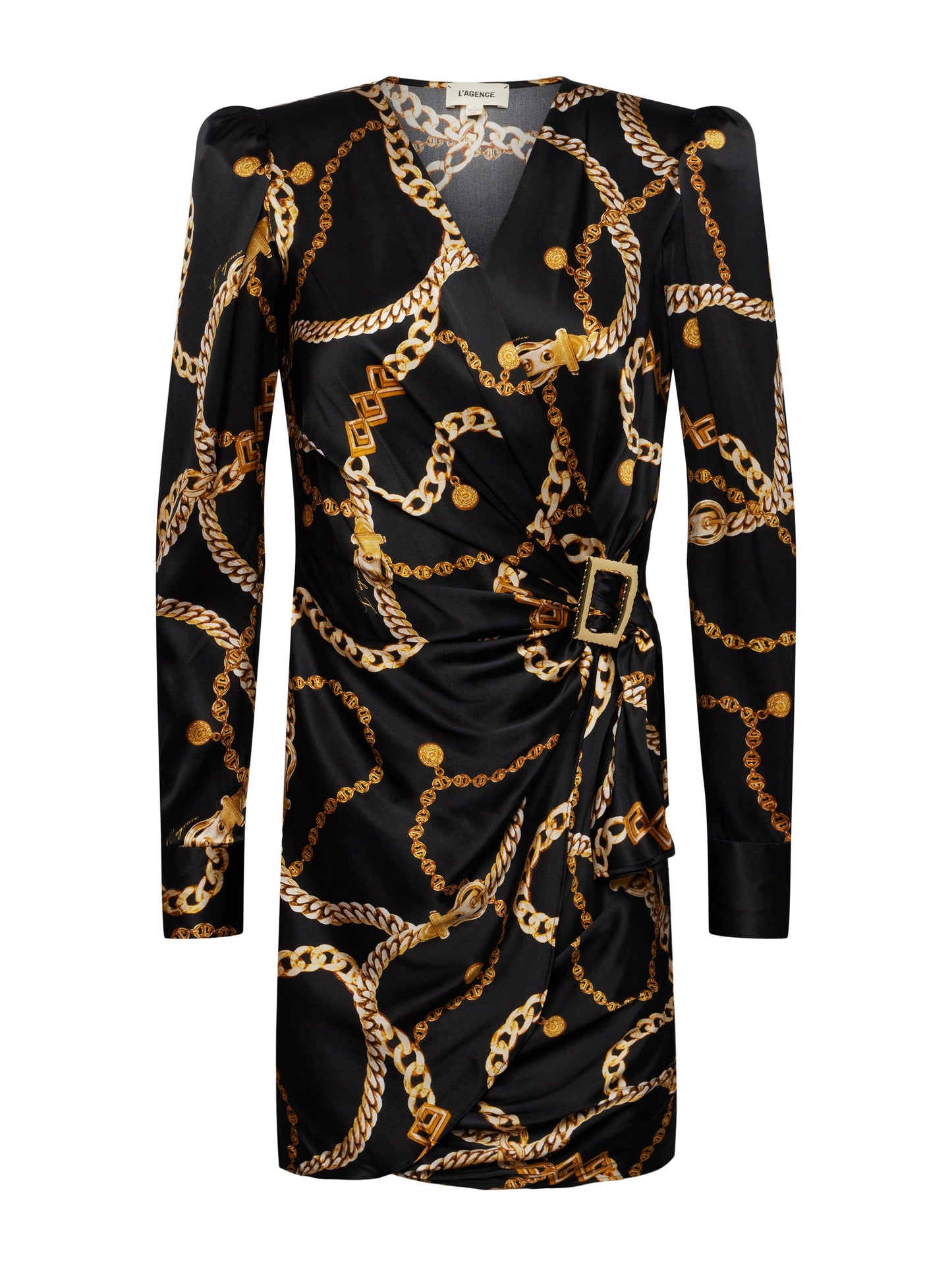 Clarice Wrap Dress Black Gold Large Classic Chain - L'AGENCE