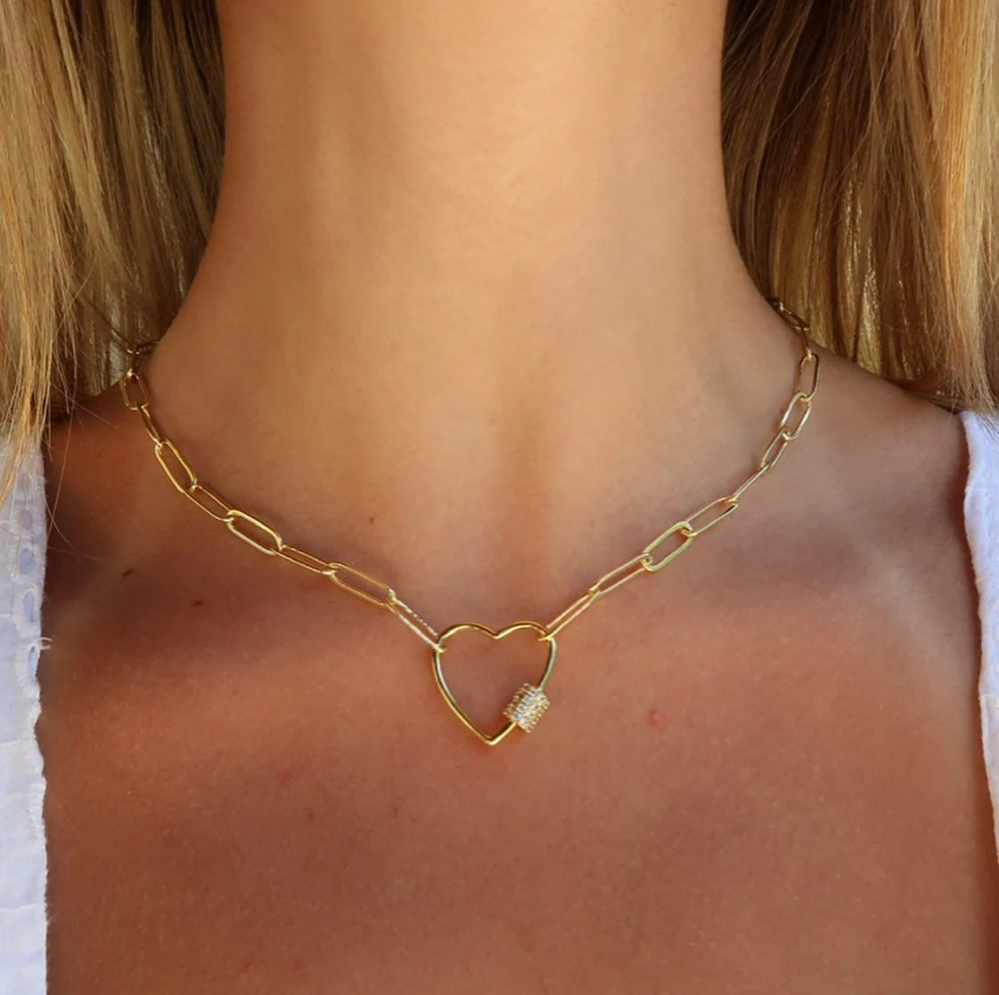 Paperclip Chain Link Necklace Heart White Crystal Studded - Love You More