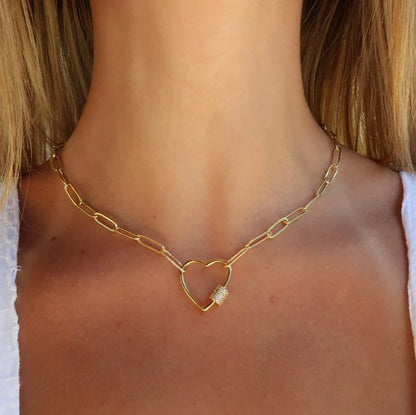 Paperclip Chain Link Necklace Heart White Crystal Studded - Love You More