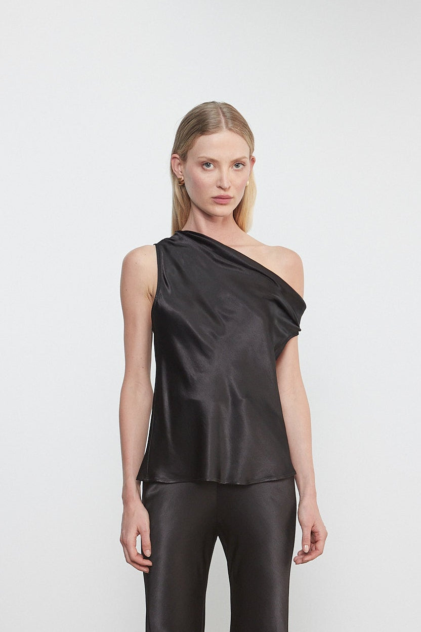 Satin Bias Off-Shoulder Top Black - Enza Costa