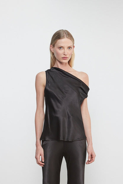 Satin Bias Off-Shoulder Top Black - Enza Costa