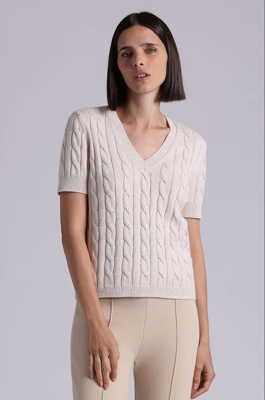 Sparkle Cotton Blend Cable Short Sleeve V Brown Sugar Marl - Minnie Rose