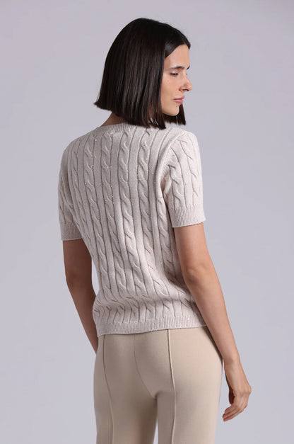 Sparkle Cotton Blend Cable Short Sleeve V Brown Sugar Marl - Minnie Rose