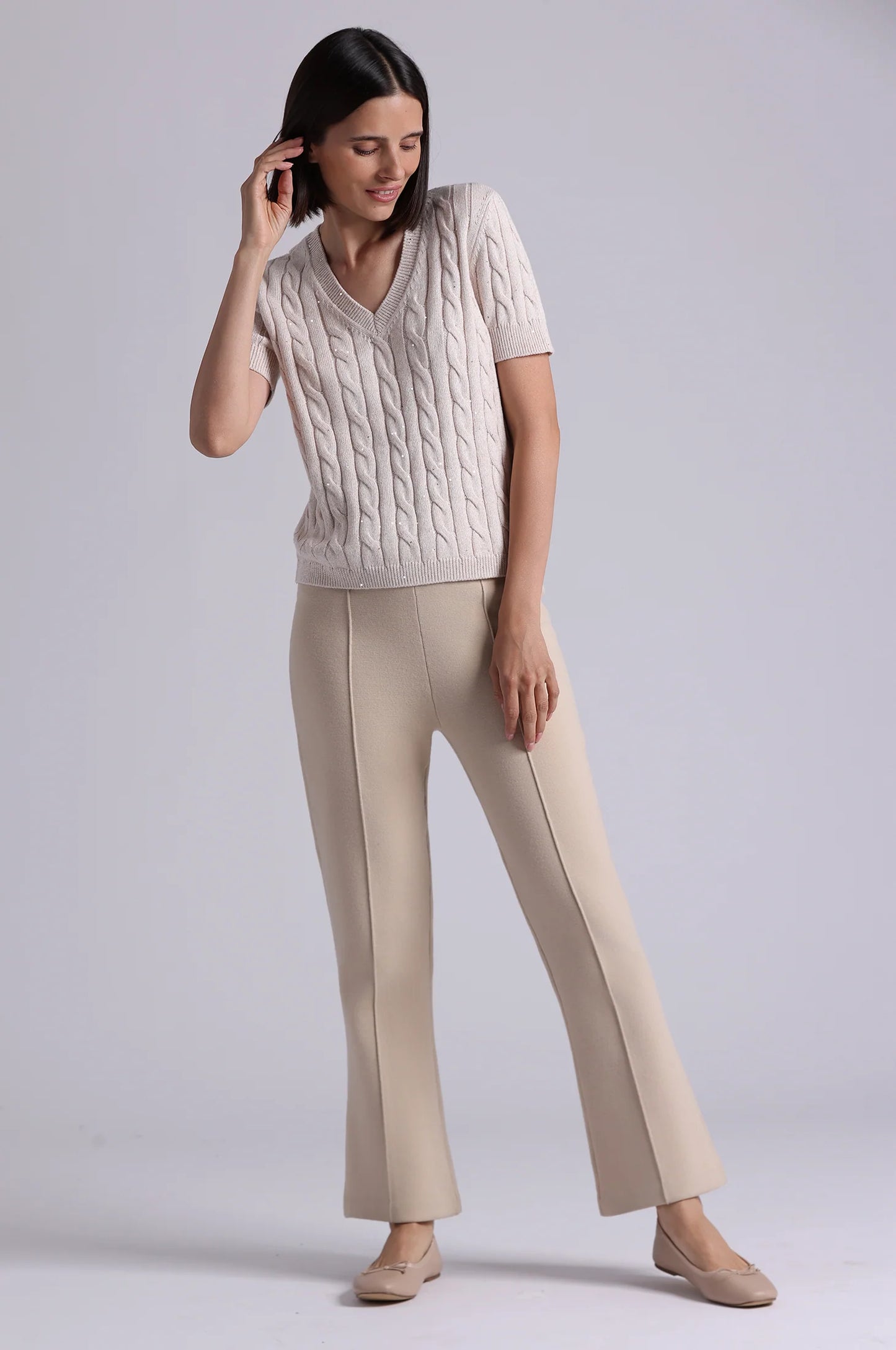 Sparkle Cotton Blend Cable Short Sleeve V Brown Sugar Marl - Minnie Rose