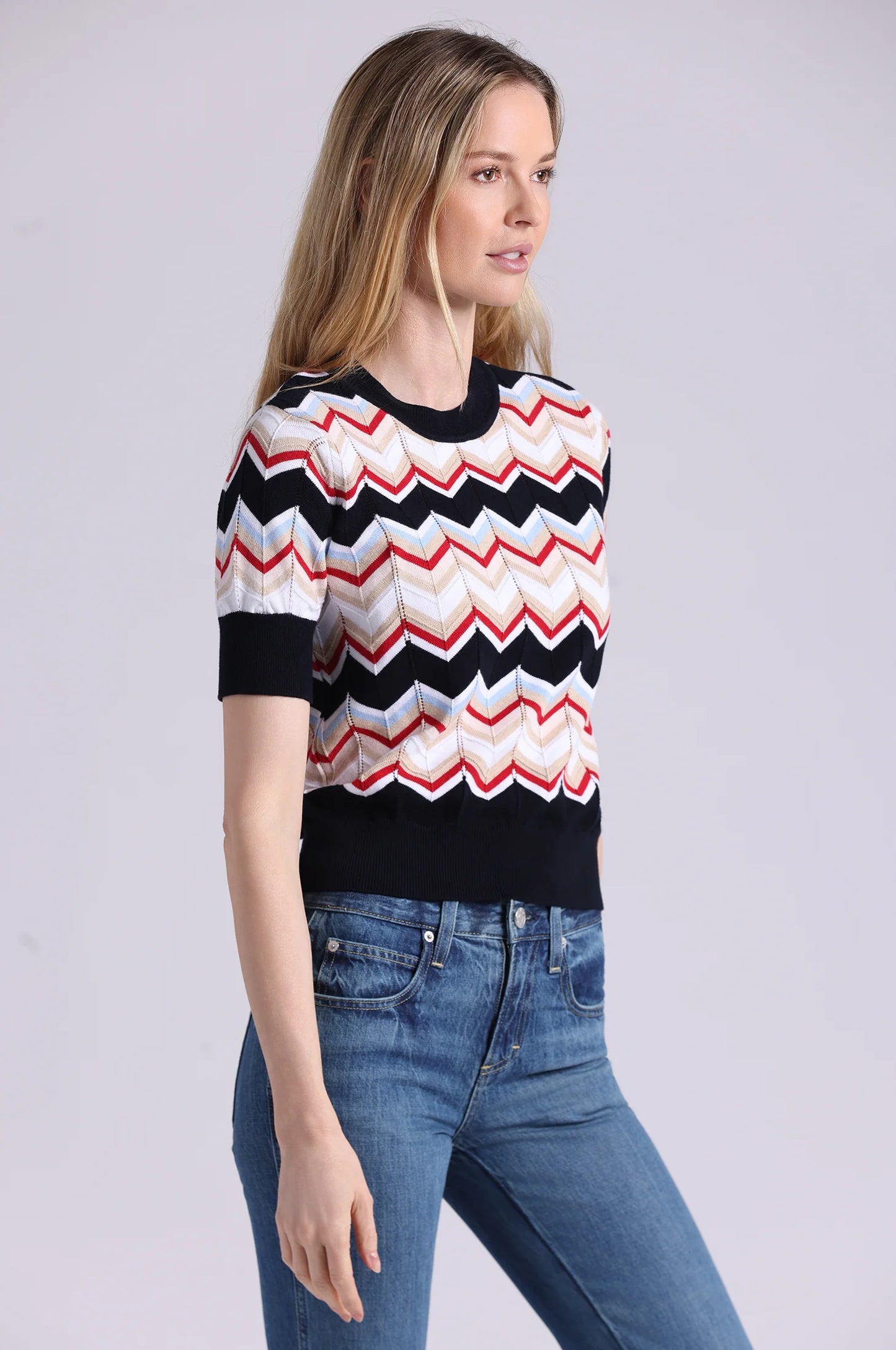 Cotton Cashmere Chevron Short Sleeve Crew Navy Combo - Minnie Rose
