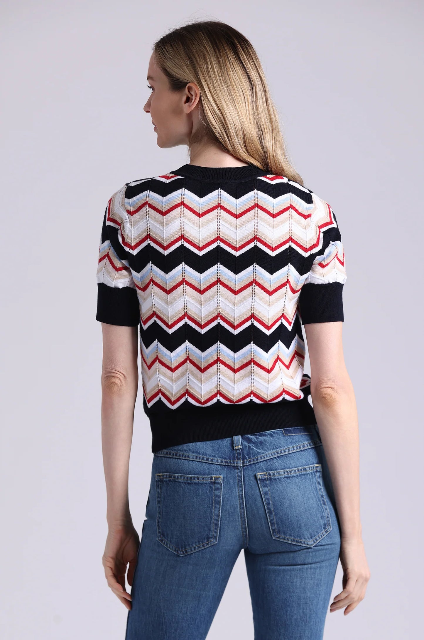 Cotton Cashmere Chevron Short Sleeve Crew Navy Combo - Minnie Rose