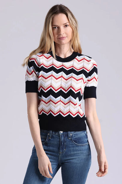 Cotton Cashmere Chevron Short Sleeve Crew Navy Combo - Minnie Rose