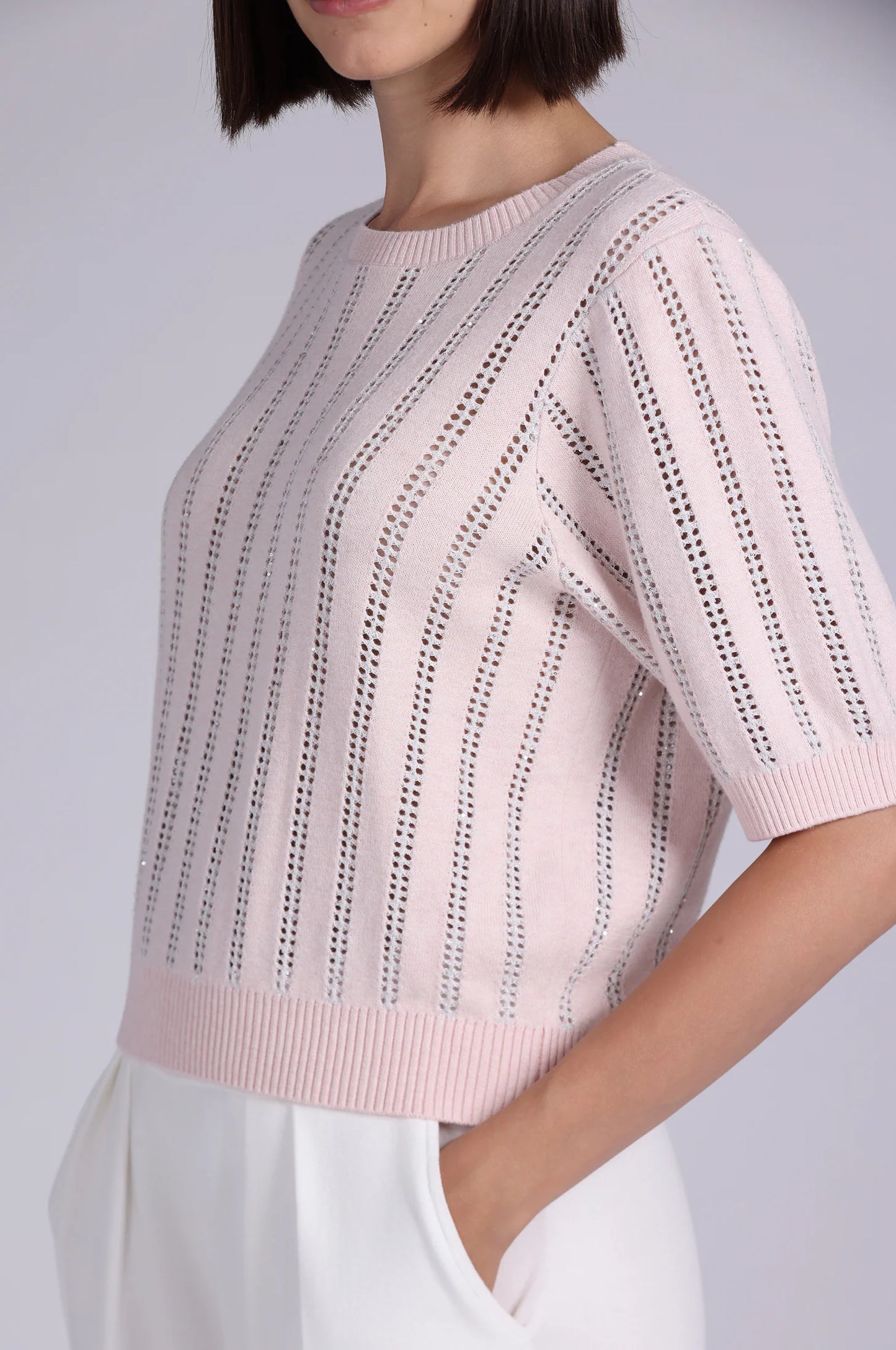 Sparkle Cotton Cashmere Short Sleeve Crew With Pointelle Lotus - Minnie Rose