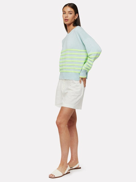 Brynn Stripe Crewneck Sweater Aqua Mist Neon Yellow - Brodie Cashmere