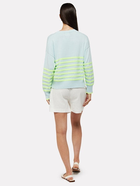 Brynn Stripe Crewneck Sweater Aqua Mist Neon Yellow Brodie Cashmere