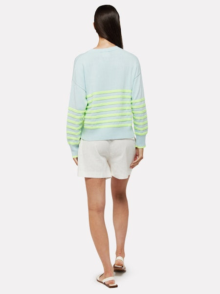 Brynn Stripe Crewneck Sweater Aqua Mist Neon Yellow - Brodie Cashmere