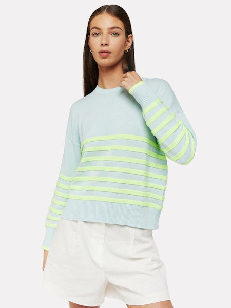 Brynn Stripe Crewneck Sweater Aqua Mist Neon Yellow Brodie Cashmere