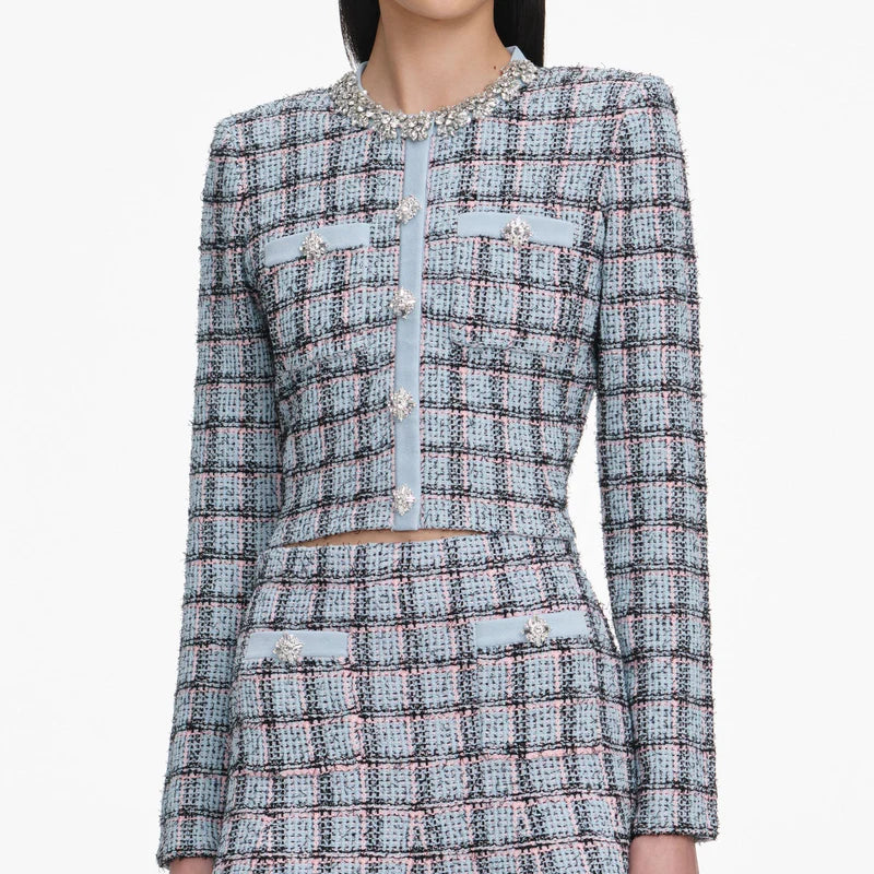 Blue Check Knit Cardigan - Self-Portrait