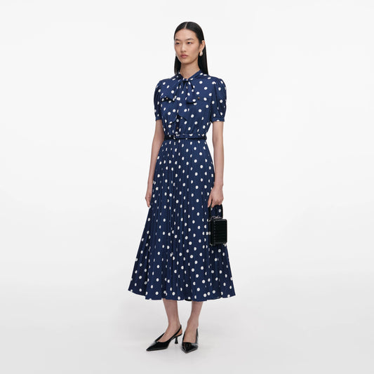 Polka Dot Satin Midi Dress Navy - Self-Portrait