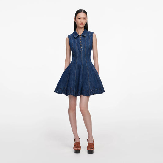 Denim Broderie Mini Dress Blue - Self-Portrait