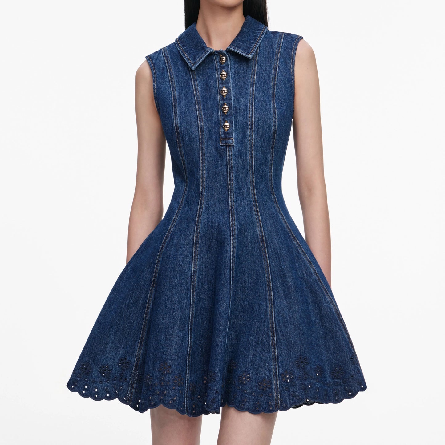 Denim Broderie Mini Dress Blue - Self-Portrait