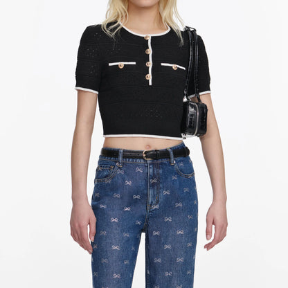 Pointelle Knit Top Black - Self-Portrait