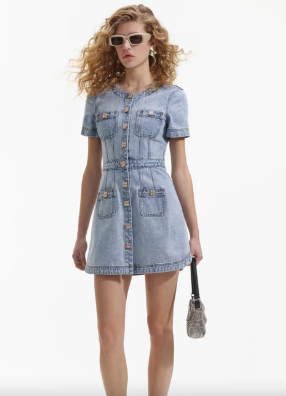 self portrait denim dress Denim Buttoned Mini Dress Light Blue