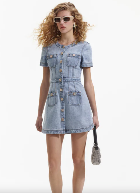 Denim Buttoned Mini Dress Light Blue - Self Portrait