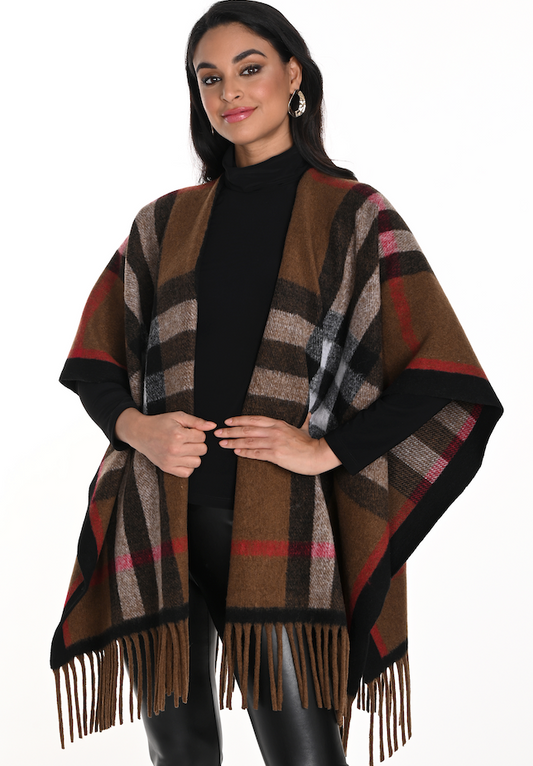 Knit Poncho Brown/Red - Frank Lyman