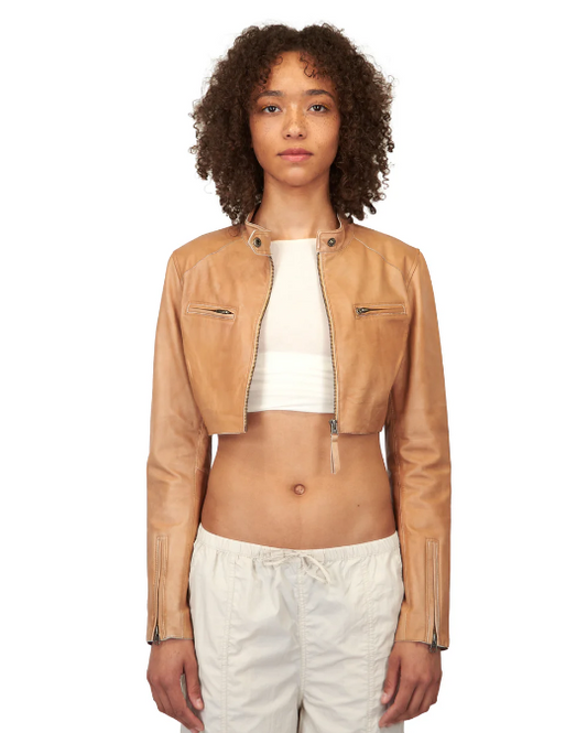 Cropped Vespa Patina Leather Jacket Au Lait - Jakett