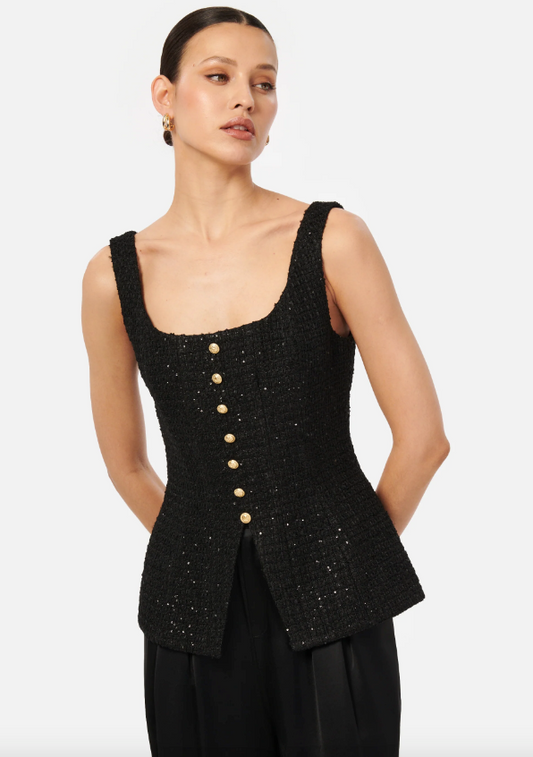 Rosita Sequin Tweed Top Black - CAMI NYC