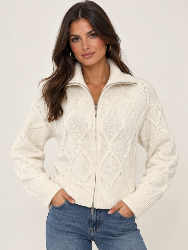 Diamond Cable Zip Up Sweater Wispr White - Brodie Cashmere