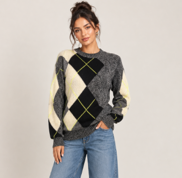 Argyle Cable Crew Sweater White Black - Brodie Cashmere