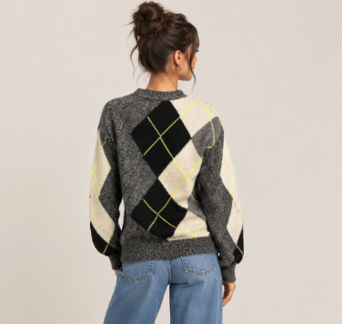 Argyle Cable Crew Sweater White Black - Brodie Cashmere
