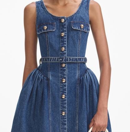 Flared Denim Mini Dress Blue - Self-Portrait