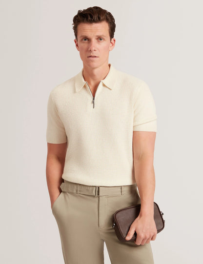 Jaylon Waffle Knit Zip Neck Short Sleeve Polo Ecru - Ted Baker