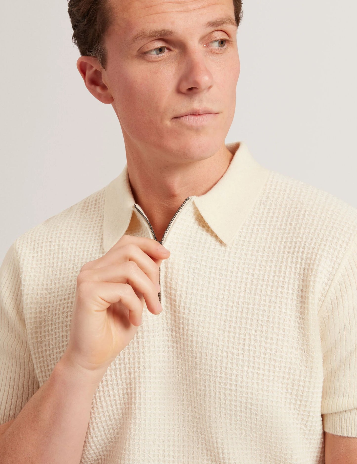 Jaylon Waffle Knit Zip Neck Short Sleeve Polo Ecru - Ted Baker