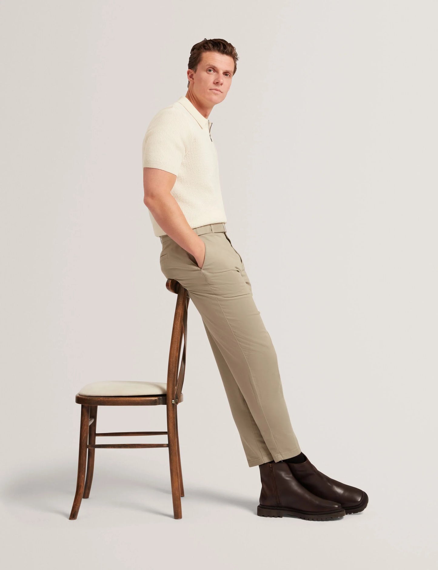 Jaylon Waffle Knit Zip Neck Short Sleeve Polo Ecru - Ted Baker