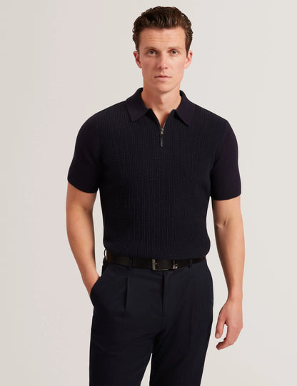 Jaylon Waffle Knit Zip Neck Short Sleeve Polo Navy - Ted Baker