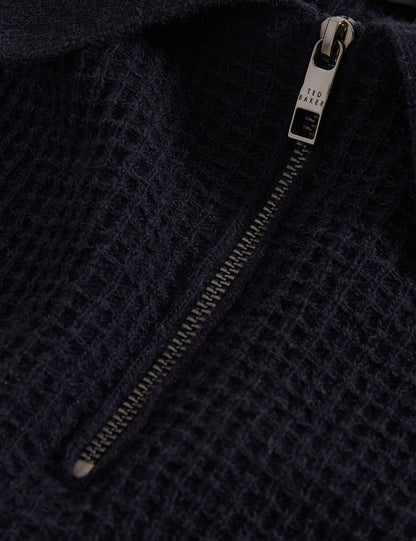 Jaylon Waffle Knit Zip Neck Short Sleeve Polo Navy - Ted Baker