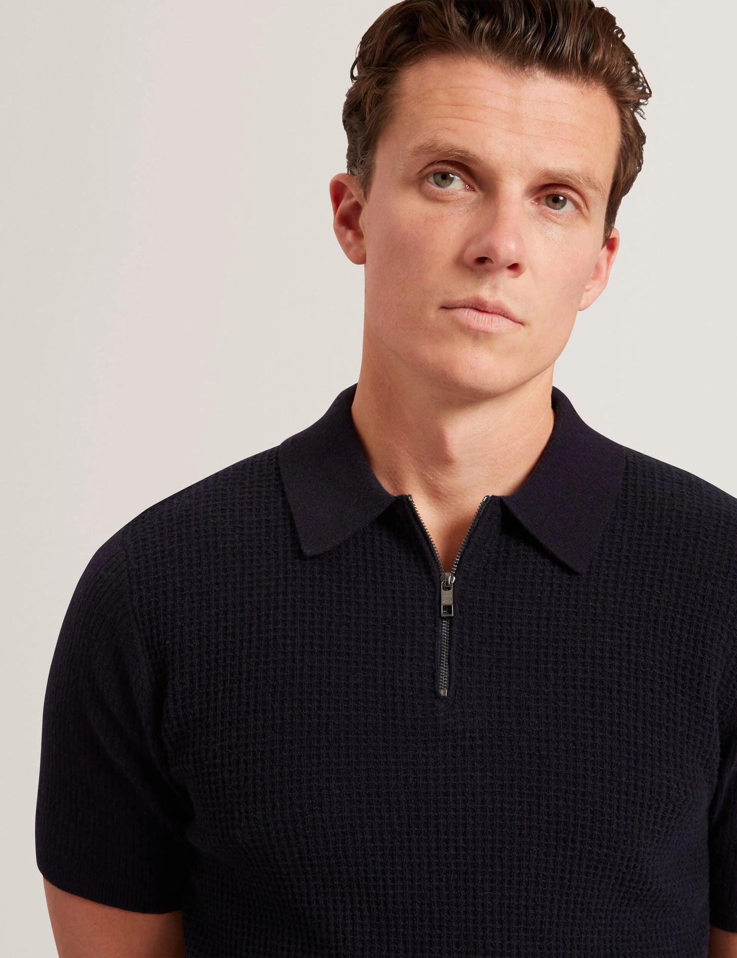 Jaylon Waffle Knit Zip Neck Short Sleeve Polo Navy - Ted Baker