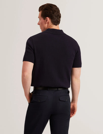 Jaylon Waffle Knit Zip Neck Short Sleeve Polo Navy - Ted Baker