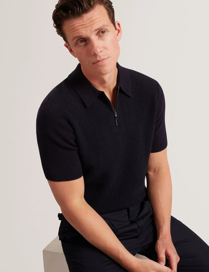 Jaylon Waffle Knit Zip Neck Short Sleeve Polo Navy - Ted Baker