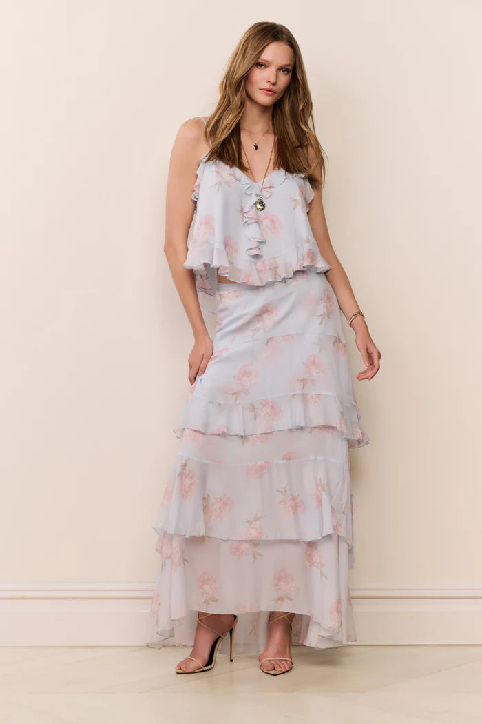 Soleia Floral Chiffon Maxi Skirt Blue Roan - LoveShackFancy